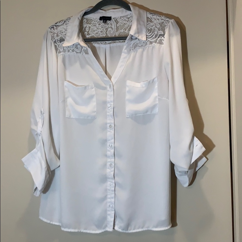 White Long Sleeved Button Down Top with lace